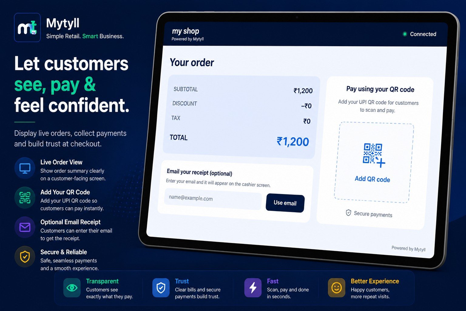 Mytyll customer display with UPI QR